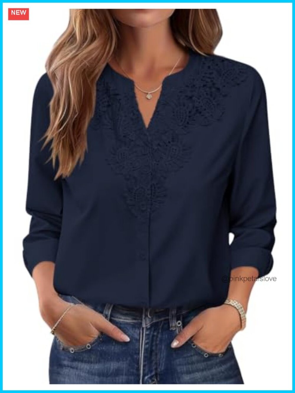 Womens Lace Trim V Neck Button Down Blouse Long Sleeve Dressy Top